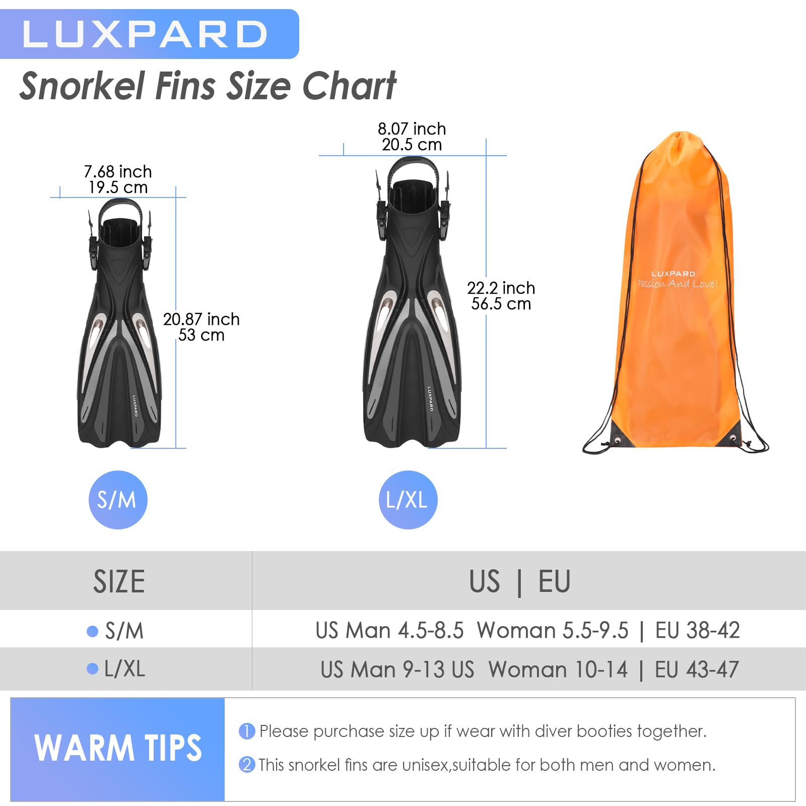LUXPARD Diving Fins, Powerful Efficient Open Heel Scuba Diving Fins, Flippers for Snorkeling and Freediving with Adjustable Buckles